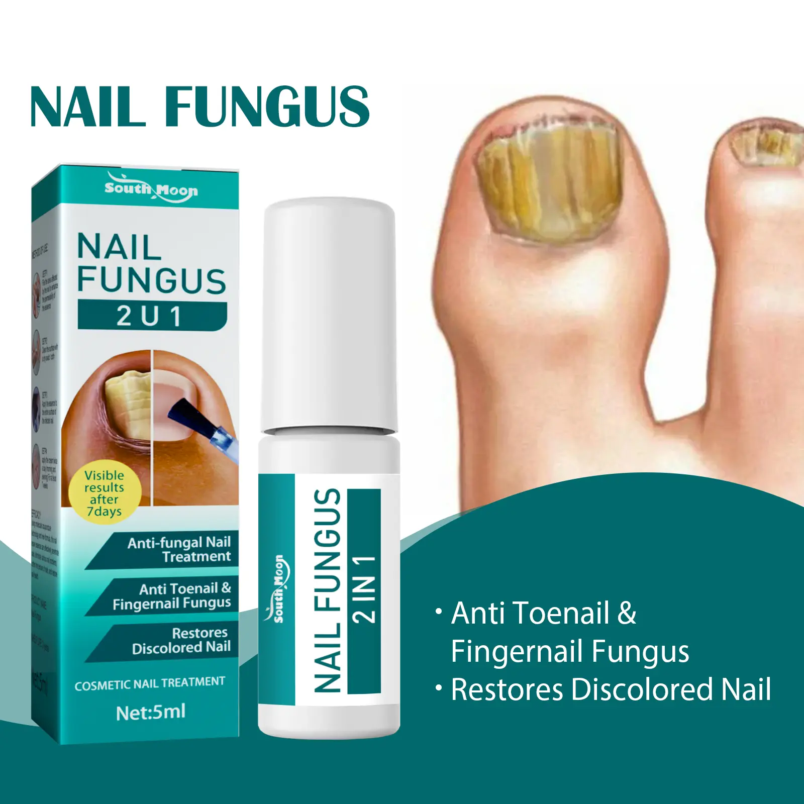 South Moon Nail Repair Liquid 2in1 Anti Fungal Treatment for Toenail & Fingernail Fungus Restores Discolored Nail with Vitex Extract