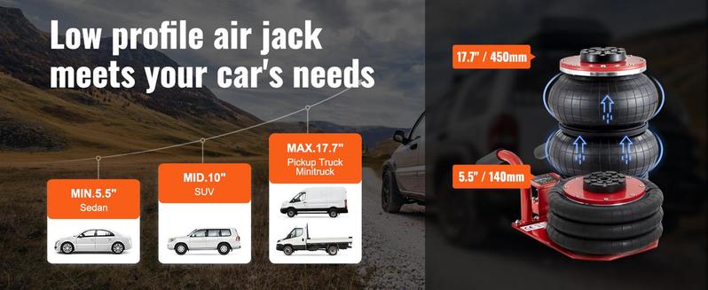 VEVOR Air Jack, TikTokShopBlackFriday, 3 Ton/6600 lbs Triple Bag Air Jack, Airbag Jack with Six Steel Pipes, Lift up to 17.7 inch/450 mm, 3-5 s Fast Lifting Pneumatic Jack, with Side Handles for Car, Garage, Repair