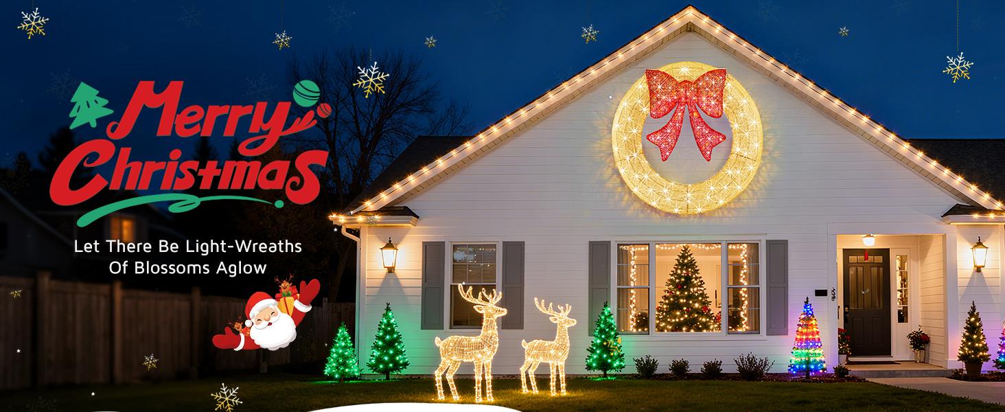 Pre-Lit Christmas Wreath, LED Lighted Holiday Outdoor Decoration with Bow for Door, Mantel, Wall, Windows, Front Door Decor, Gold Wreath