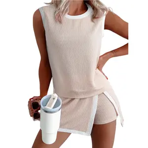 2 Piece Sets for Women Summer Outfits Ribbed Knit Tank Top and Split Lined Skirt Two Pieces Lounge Matching Set