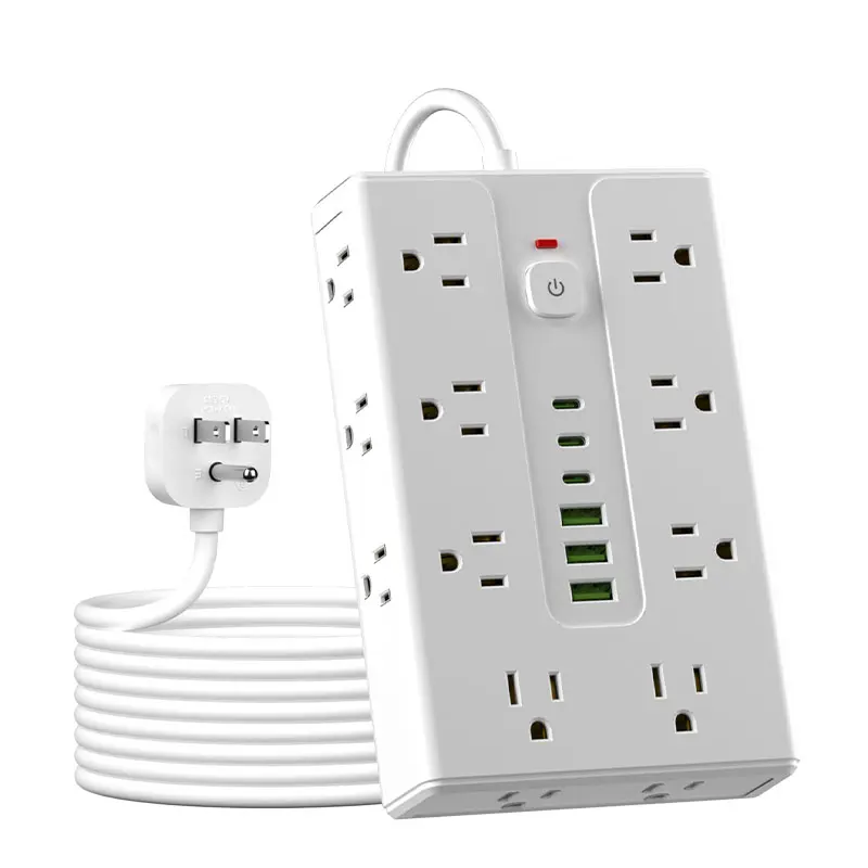 22-in-1 110V Surge Protector Power Cord with 16 Plug Sockets, 6 USB Charging Ports (3 USB-C), Button Switch, Dual-Length Wires, Wall-Mountable for Home, Office Use