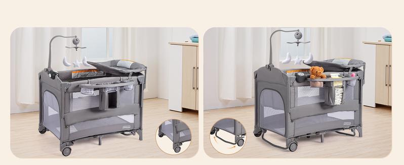 JOYMOR 9 in 1 Bedside Bassinet with Changing Table, Pack and Play with Bassinet, Convert to Rocking Baby Bed with Electric Music Center, Mosquito Net, Toy, Storage