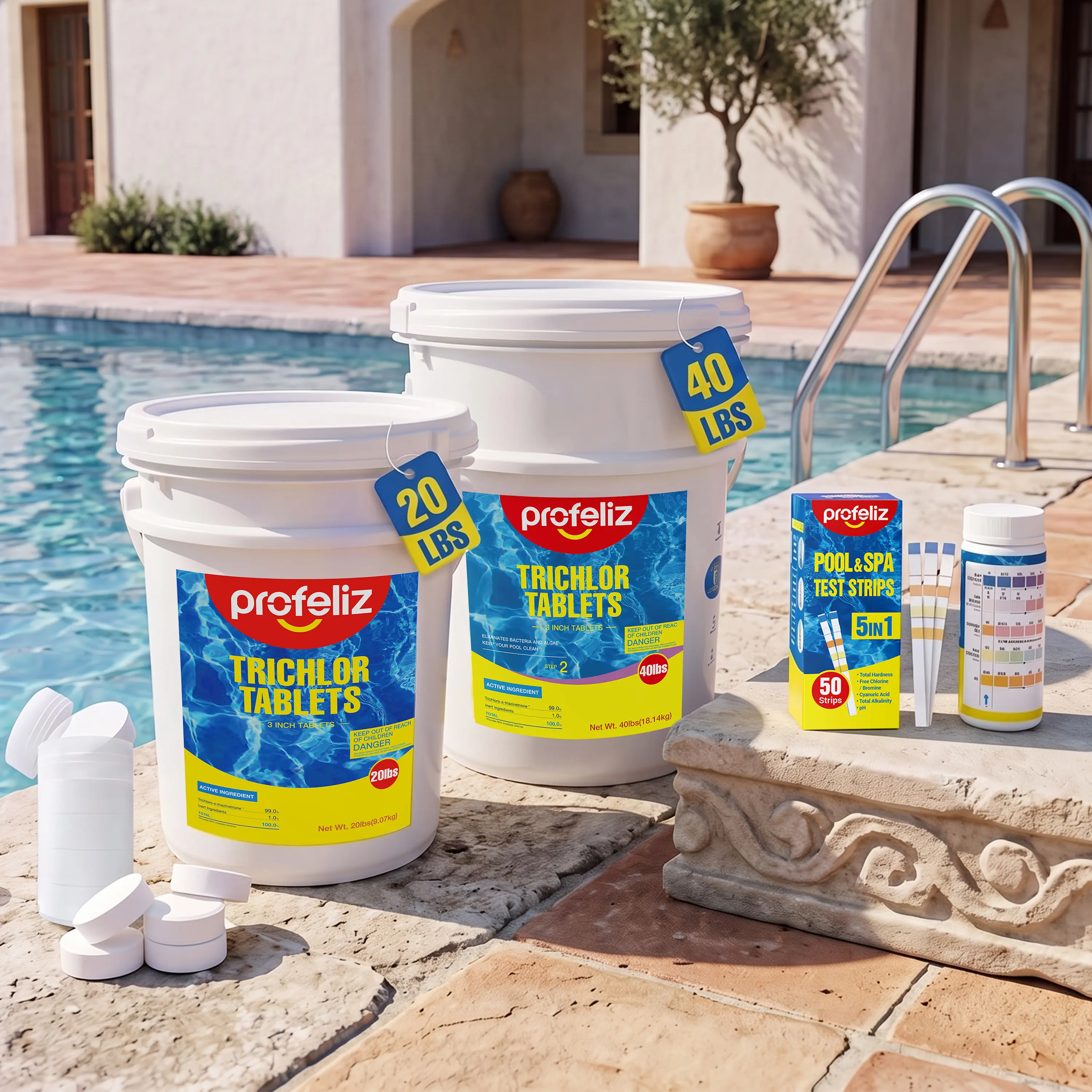 PROFELIZ 3-Inch Pool Chlorine Tablets (20 lb, 40 lb Options) – Steady Chlorine Supply, Bacteria-Killing, Algae-Stop, Slow-Dissolving, with Test Kit, Exclusive Protective Packaging, for Outdoor Swimming Pools, No Cylinder, Outdoorfun