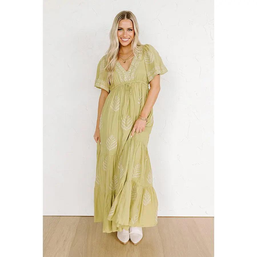 Venice Stroll Embroidered Maxi Dress in Chartreuse