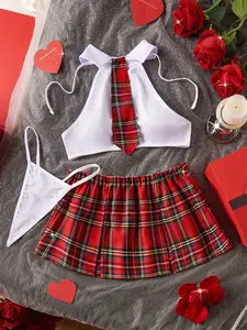 LUSHLACE Plaid School Girl Costume, Sexy Lingerie Set, Halloween Uniform, Valentine's Day Gift