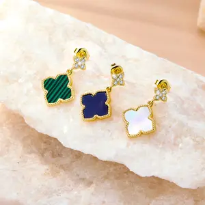 ALEXCRAFT Trendy Four-Leaf Clover Earrings with Green Enamel & Diamond Drops, Sparkling Green Gemstones, Perfect for Everyday Wear & Parties