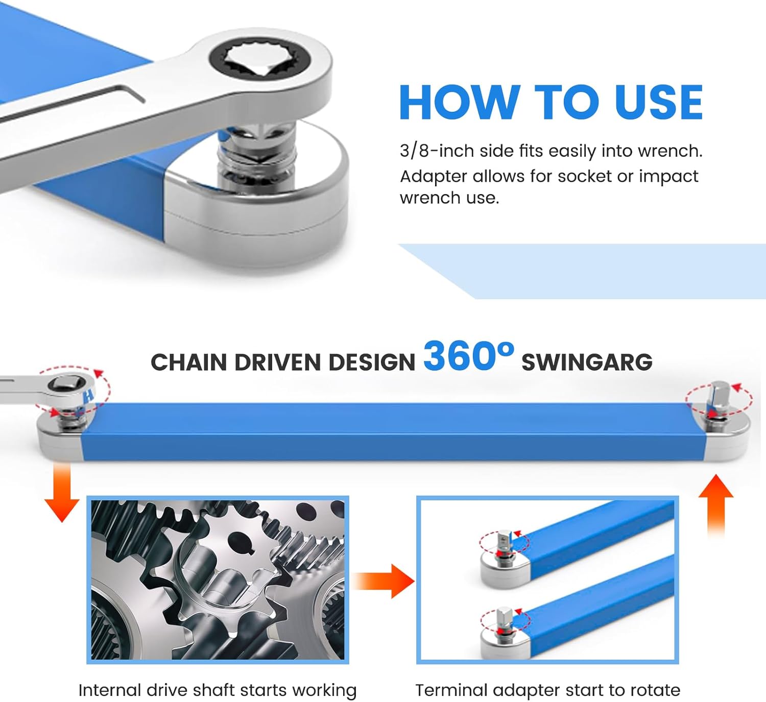 Impact ready offset extension wrench, tight reach extension wrench, 1/2",15" impact ready socket wrench tool,1/4" stable 3/8" square drive adapter,dealsforyoudays