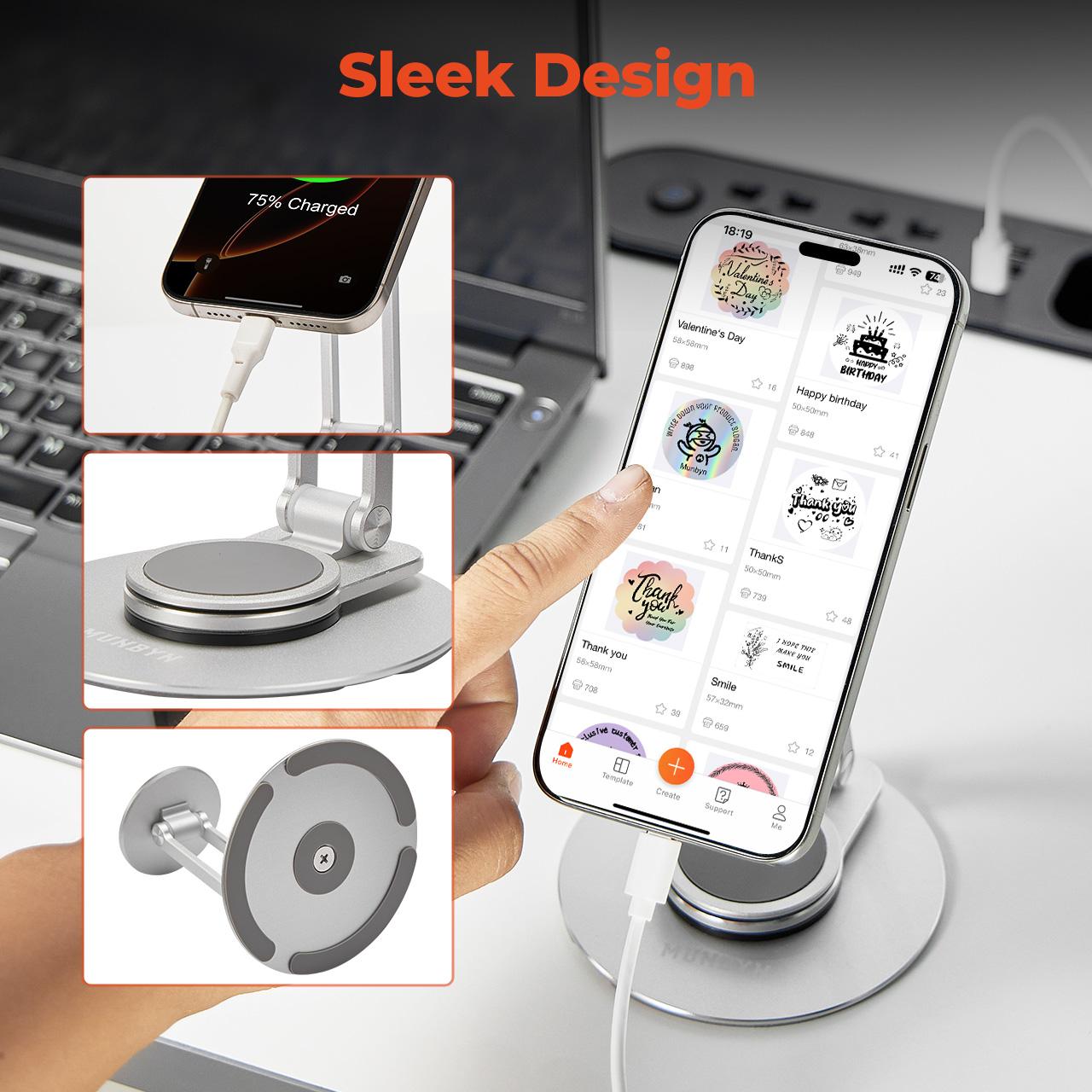 MUNBYN 360-Degree Rotating Magnetic Phone Stand ,Adjustable Foldable Aluminum Phone Holder,Universal Phone Accessory for Home Office, Silver Edition