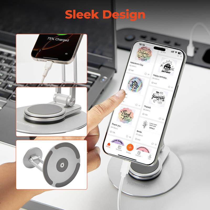 MUNBYN 360-Degree Rotating Magnetic Phone Stand ,Adjustable Foldable Aluminum Phone Holder,Universal Phone Accessory for Home Office, Silver Edition