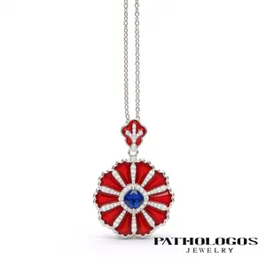 Pathologos Platinum-Plated Red Enamel Flower Pendant Necklace with 3mm Center Stone