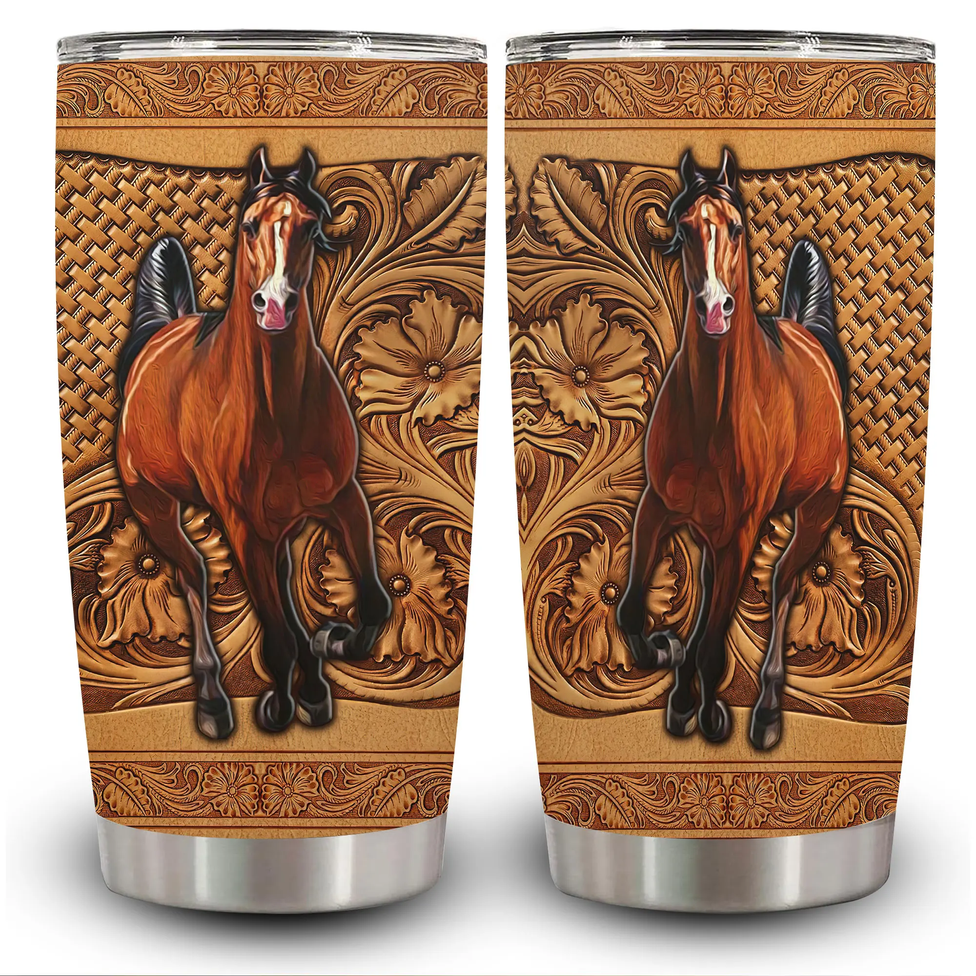 1pc 20oz Intricate Horse and Floral Pattern Tumbler with Lid, Insulated Travel Mug, Gift for Women Men, Ideal for Halloween, Independence Day, Memorial Birthday Gift, Coffee Cup, weird stuff,Mother's Day & Birthday Gift