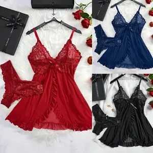 Women nightdress sexy lace fossil bow nightgown sleepwear mini dress plus size deep V babydoll lingerie sexi sleepqueen nightgown