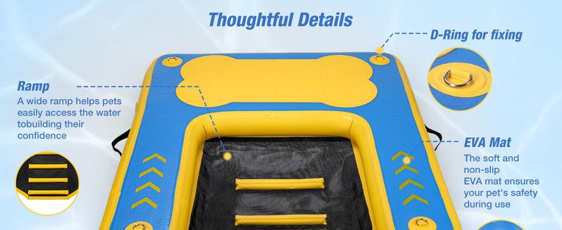 WARMOUNTS Inflatable Dog Water Ramp, Floating Dock Platform for Big Dogs (Up to 220 LBs) with Ladder, Ropes, Non-Slip Pad, High Visibility Dogs Safety Ramp for Pool, River, Boat