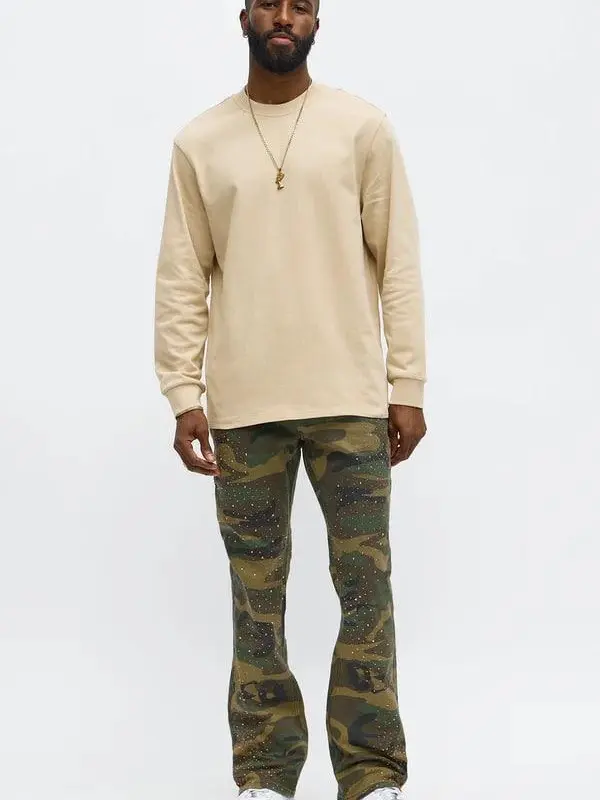 Stacked Skinny Flare Be Jeweled Camo Pants - Camouflage