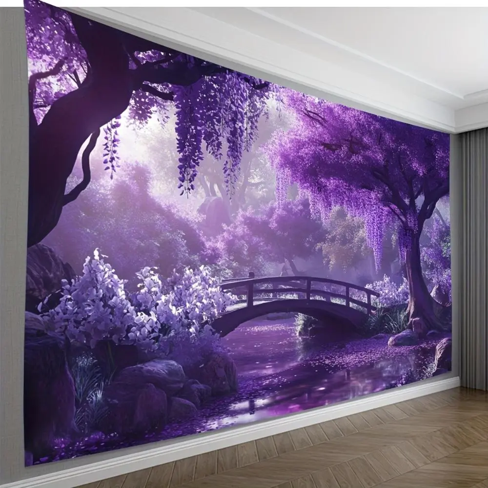 1PC Reusable Polyester 2D Flat Flower Pattern Tapestry - Dreamy Purple Forest Bridge & Stream, Romantic Wisteria Tree Scene, Home Bedroom Wall Hanging Decor, Photo Booth Backdrop