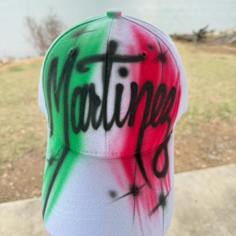 Airbrush Hat One Word - Green ,White and red Baseball Cap with Custom Name Design