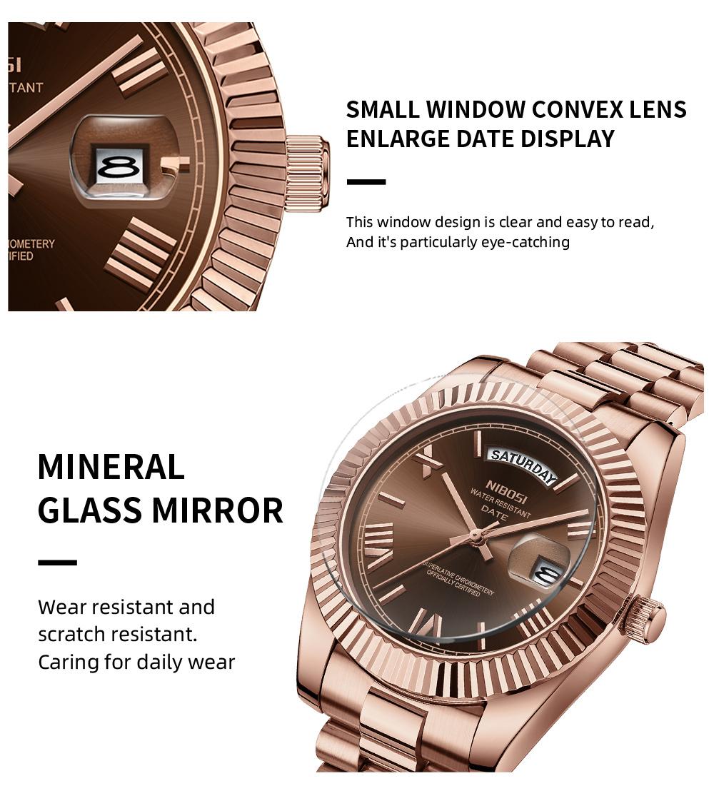 NIBOSI Men's Luxury Dress Watch 40mm rose gold Dial  Stainless Steel Band Rotating Quartz Analog Waterproof Luminous Big Face Boss Wrist Watch