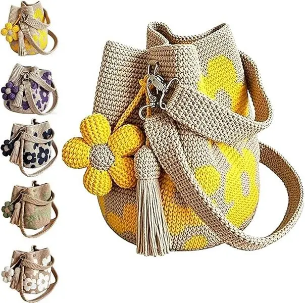 Women's Handmade Crafted Pure Cotton Yarn Crocheted Tote Bags - Eco-Friendly Reusable Fabric Storage Bags with Widened Strap, Flowers, Coin Purses, Bohemian Tassels, Foldable Adjustable Design for Beach Picnics, Home Organization, Mother's Day