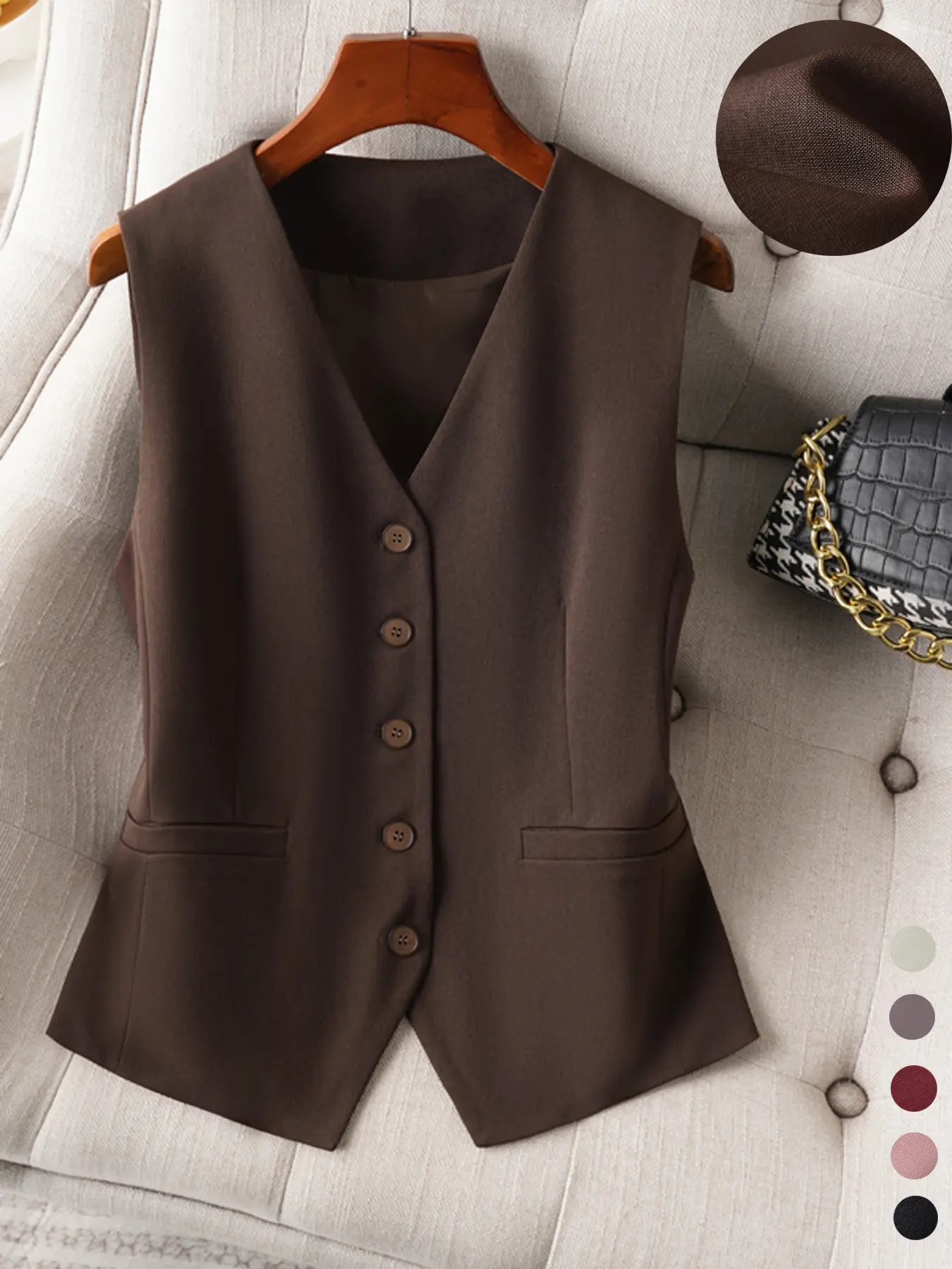 Women's V-Neck Button-Front Short Gilet, Plain Design, Fitted Style, Spring & Fall Casual Wear, Practical Pockets, Minimalist Look, Basic, Casual Comfy Vest, Casual Sleeveless Outerwear, Solid Button Vest