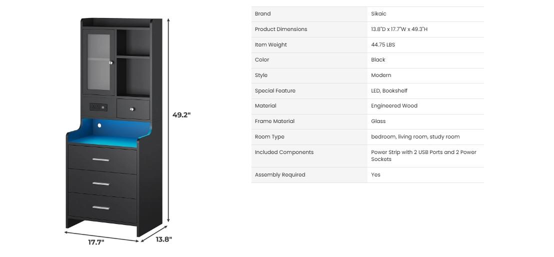 Sikaic LED Tall Nightstand Side Table with Charging Station Drawers Shelves Glass Door Storage Usb Ports Rgb Light Strips