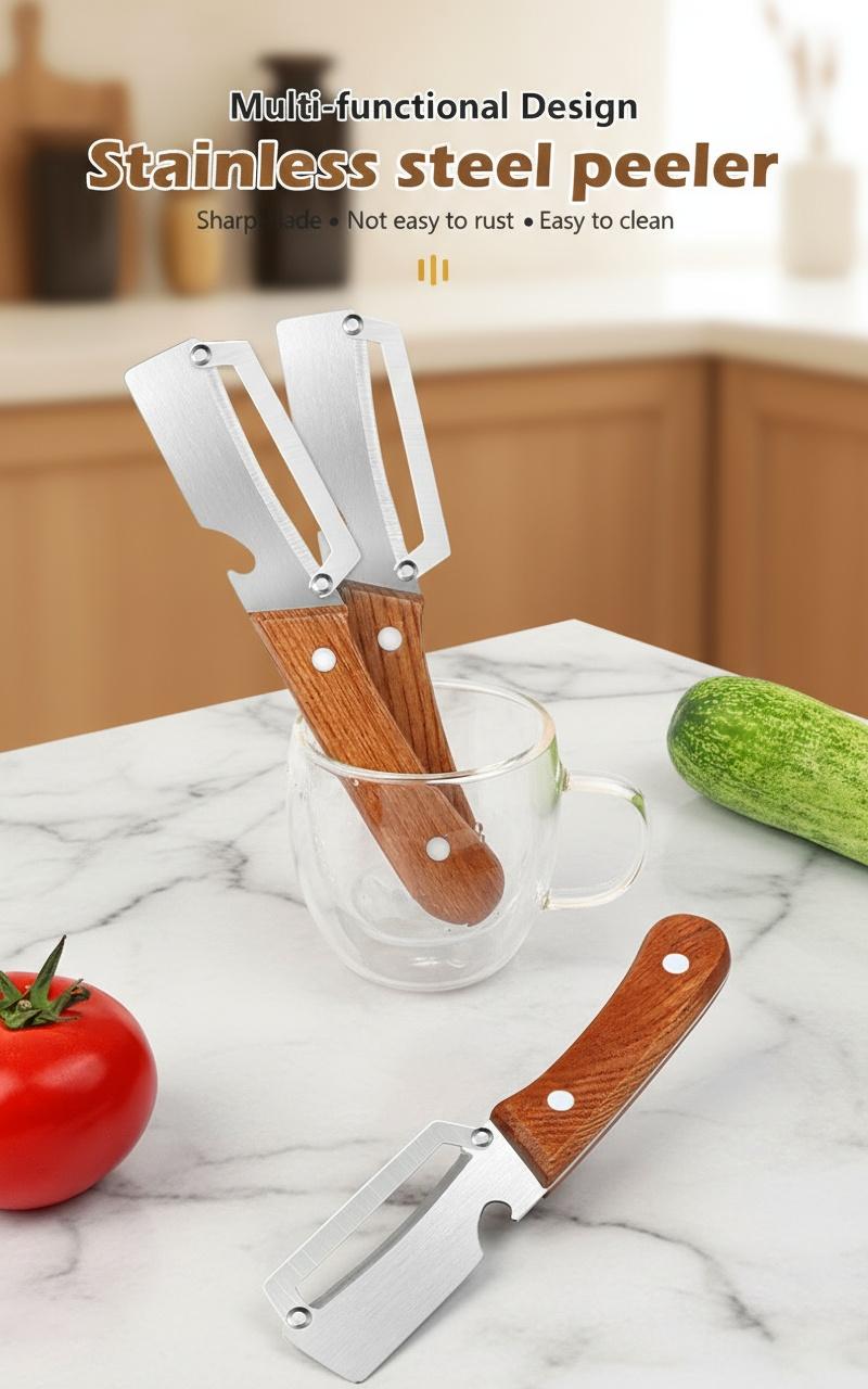 2PCS 2-in-1 Fruit & Veggie Peeler with Bottle Opener Sharp Stainless Steel Wooden Handle Ergonomic Non-slip Design for Comfortable Grip