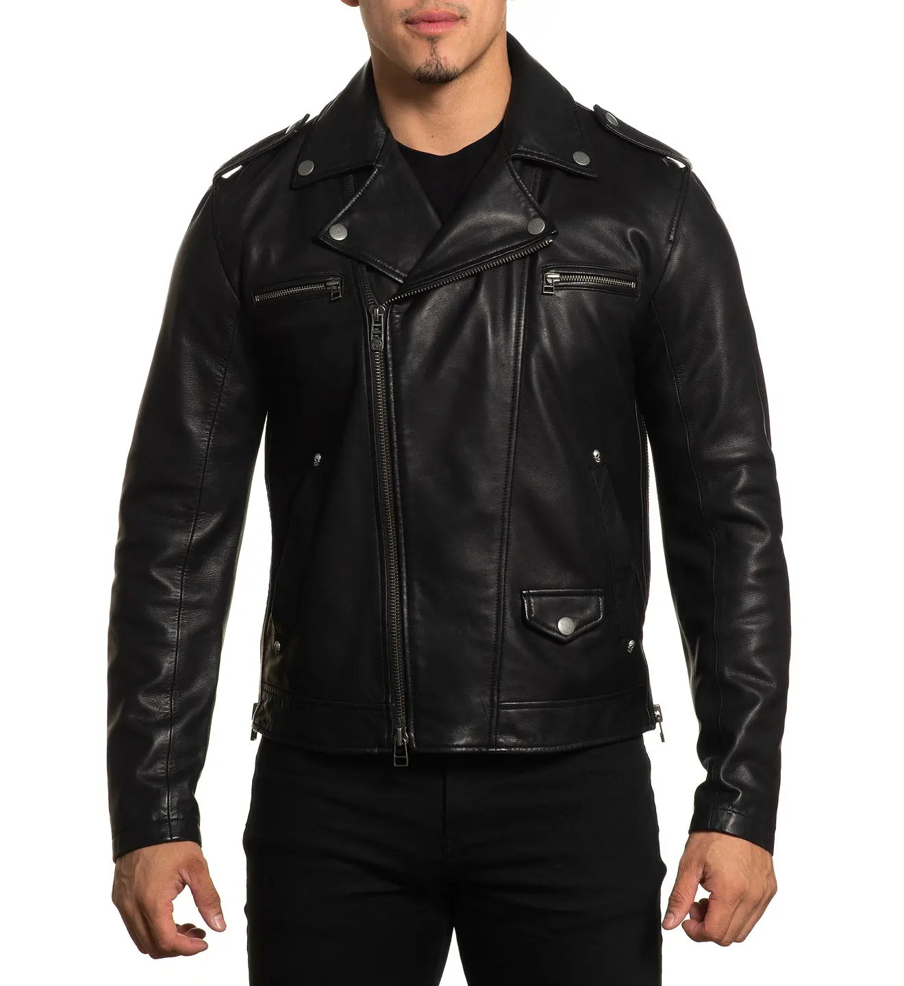 Affliction Men's Rebellion Moto Jacket - Angel Riding Motorcycle Graphic, 100% Leather, Rockstar Aesthetic, Long Sleeves, Front Zipper, Casual Top, Refer to Sizing Chart, Angel Riding Motorcycle Graphic Men's Real & Faux Leather Jackets