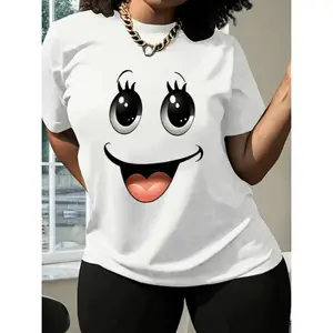Unisex Cute Cartoon Smiley Face Graphic T-Shirt Big Eyes Tongue Out Funny Design Soft Cotton Short Sleeve Crew Neck Top Casual White Tee For Men Women Kids Trendy Happy Mood Streetwear