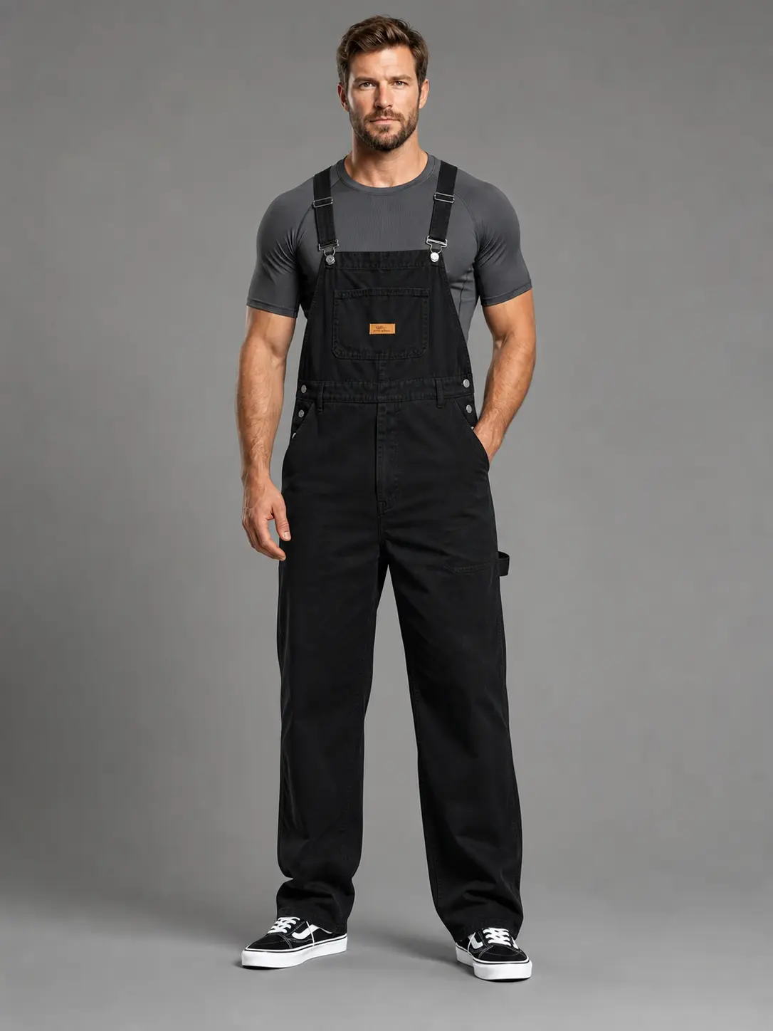 Men's Minimalist Cotton Denim Bib Overalls - Regular Fit Flex Casual Vintage Clothing, Full Length, Adjustable Straps, Tool Pockets, Raw Washed, Machine Washable, All-Season Workwear, Plain Solid-Color
