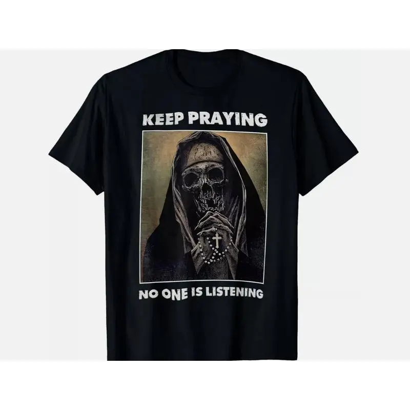 Women's Vintage Style Praying Nun Skull Graphic Short-Sleeve Cotton T-Shirt - Unisex Round Neck Streetwear Top for Casual Summer Wear, Shortsleeve, Tshirt, Regular Fit, Skull Print, Skull Element Women's T-Shirts, Slight