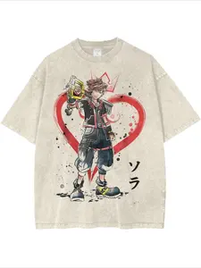 Men's washed street brand T-shirt, Kingdom Hearts Sora styling, Japanese font decoration. Perfect for casual outings, this vintage blockbuster T-shirt features prints on the front and back. It is the perfect gift with a loose fit.
