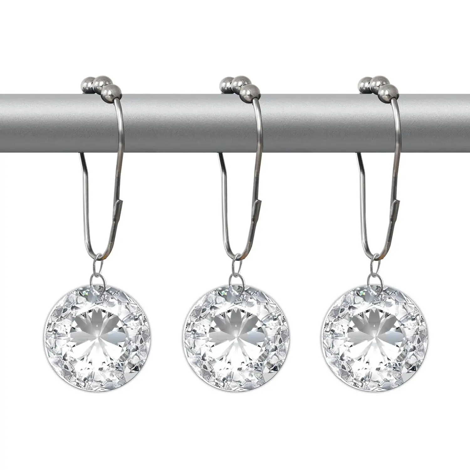 Shower Curtain Hooks Rings, Rust Resistant Corrosion Resistant Metal Shower Hooks, Durability,Crystal Bling Rings Cute Girly Glitter Luxury Elegant White Rhinestones Diamond Bathroom Accessories  12 Pack (White)