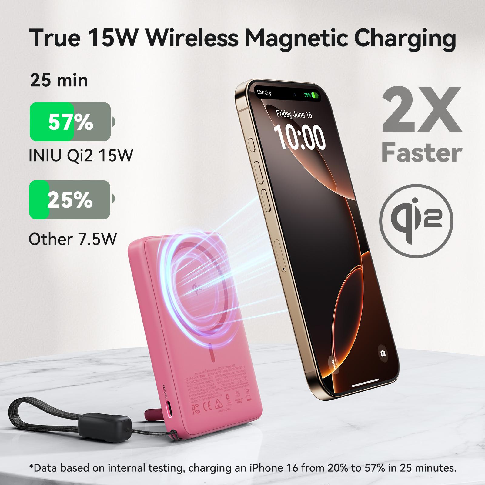 INIU MagFino Qi2 Certified 15W 10000mAh Magnetic Portable Charger with Built-In Foldable Stanｄ, Ultra Slim 45W Fast charging Power Bank Travel Wireless Metal Battery Pack, Detachable Lanyard USB C Cable Phone Charger for iPhone 17 16 15 14 13 12 Series