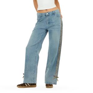 Forever 21 Women's Low-Rise Baggy Denim Jeans - Cotton, Belt-Loop, Button-Closure, Pocketed Traditional Bottoms with Side Stripes, Casual Everyday Trousers
