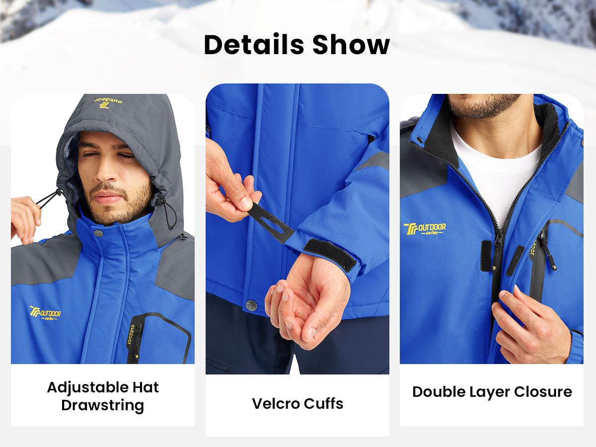GOPUNE Men's Fleece Lining Winter Jacket, Waterproof, Breathable, Thickened, Warm, Windproof, Softshell Jacket, Outdoor, Functional Jacket with Removable Hood