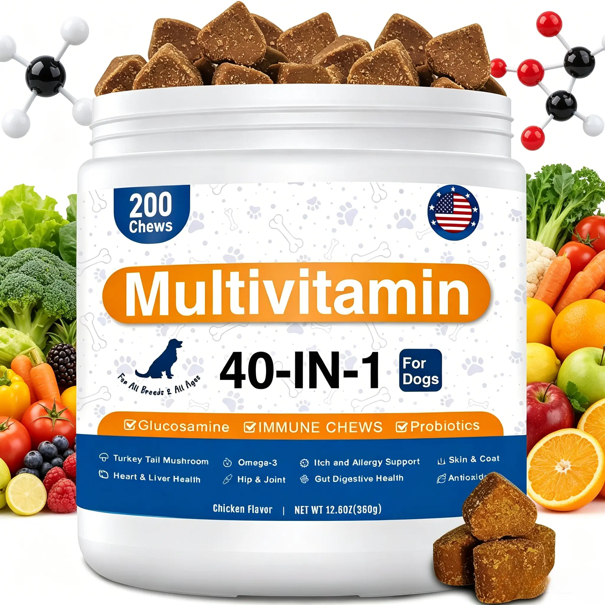 40-in-1 Dog Multivitamin Soft Chews, 200 Count Chicken Flavor, Complete Daily Wellness Supplement for All Dog Breeds & Ages | Glucosamine for Hips Joints, Probiotics for Gut Health, Omega-3 for Skin Coat, Support Immune System & Balance Yeast Overgrowth