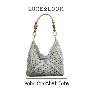 【LUCE&LOOM】Boho Crochet Hobo Bag in Blue & Beige | Lightweight Large Capacity Shoulder Bag with Wooden Bead Straps for Beach Vacation & Daily Outfits