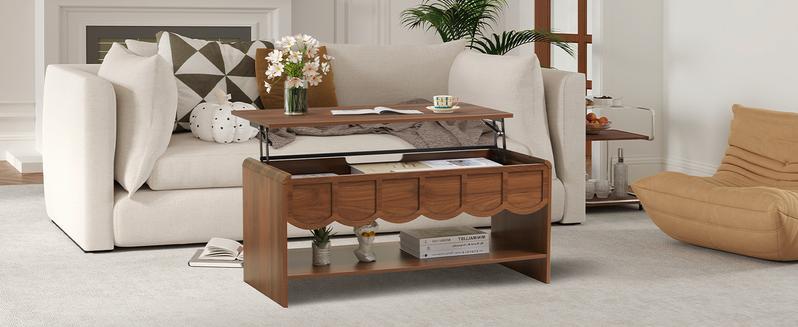 Giratree 39.37" Lift Top Coffee Table with Hidden Compartment, 2 Tier Wooden Center Table with Wave Panel, Modern Lift Tabletop for Home Living Room Office, Walnut