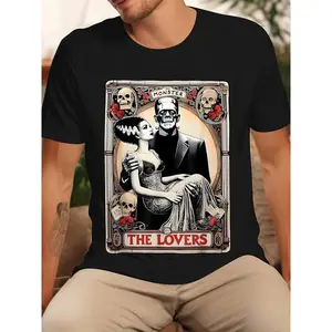 The Monster Frankenstein and Bride The Lovers Tarot Card T-Shirt, Graphic Cotton Summer T-Shirt, Vintage Men's Top for Daily Wear,Birthday Christmas Valentine's Day Anniversary HalloweCrewneck Classic Fabric Soft Breathable Comfy Fitted Relaxed Fit Tshirt