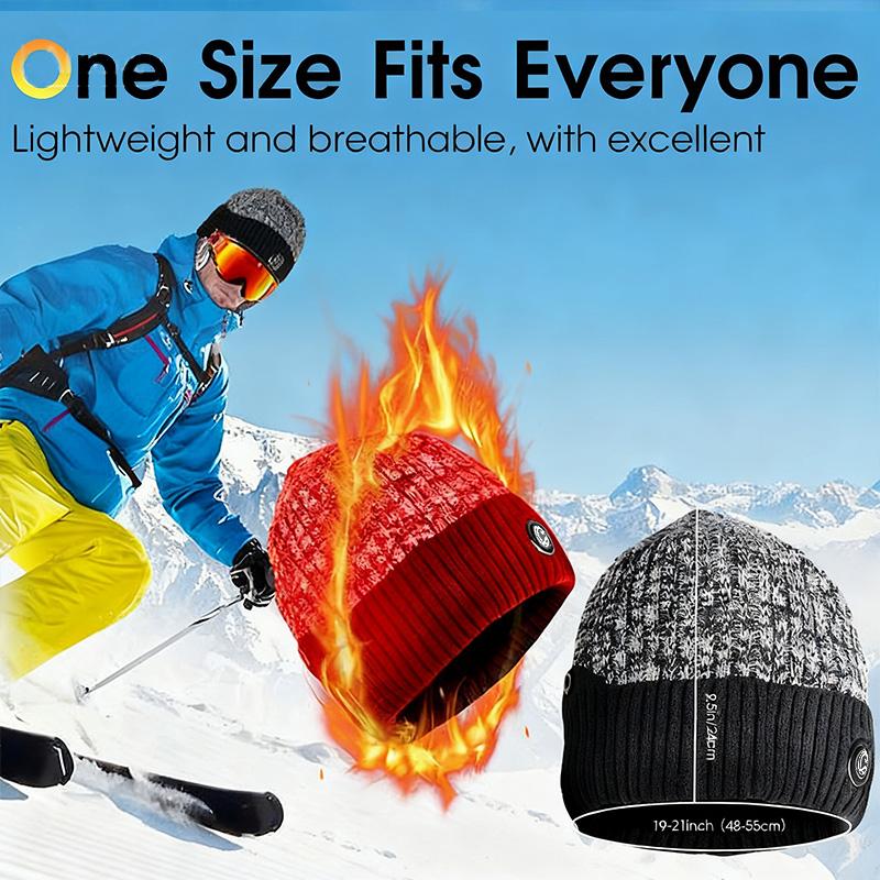 Winter outdoor heated hat with 3 temperature settings, quick heating, suitable for outdoor hiking, skiing, dog walking, commuting, and outdoor work in cold weather. Portable knitted hat, unisex, suitable for all head sizes.