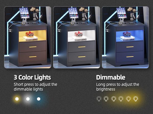 Miuvanity Nightstand Gun Drawer with USB & Type-C Port, LED Light, Modern Design for Office & Bedroom Storage, Includes Charging Station Bedside Table