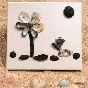 Original hand-painted art made with locally sourced shells from the Atlantic Ocean.   Wrapped canvas coated with Mother of Pearl Acrylic paint with a mixture of hand painted and natural Atlantic Oyster, muscle, scallop and razor clam shells.