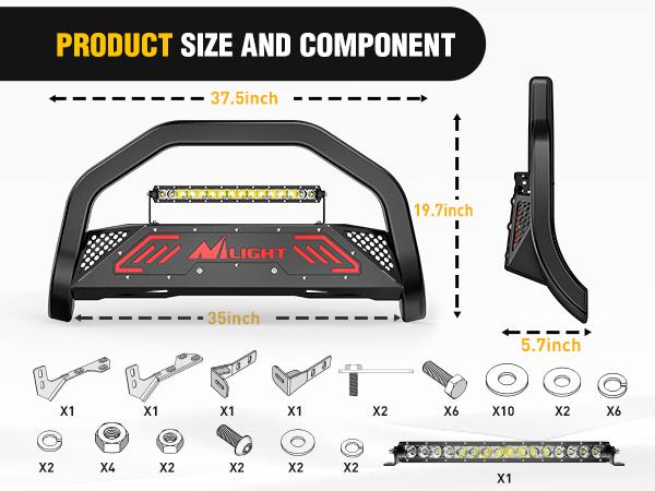 Nilight Bull Bar with Light fits Dodge Ram 1500 New Body 2019-2024 (Not fit Rebel,TRX,Classic & 20-22Diesel) Front Bumper Grille Brush Push Guard with Skid Plate Licence Hole Black