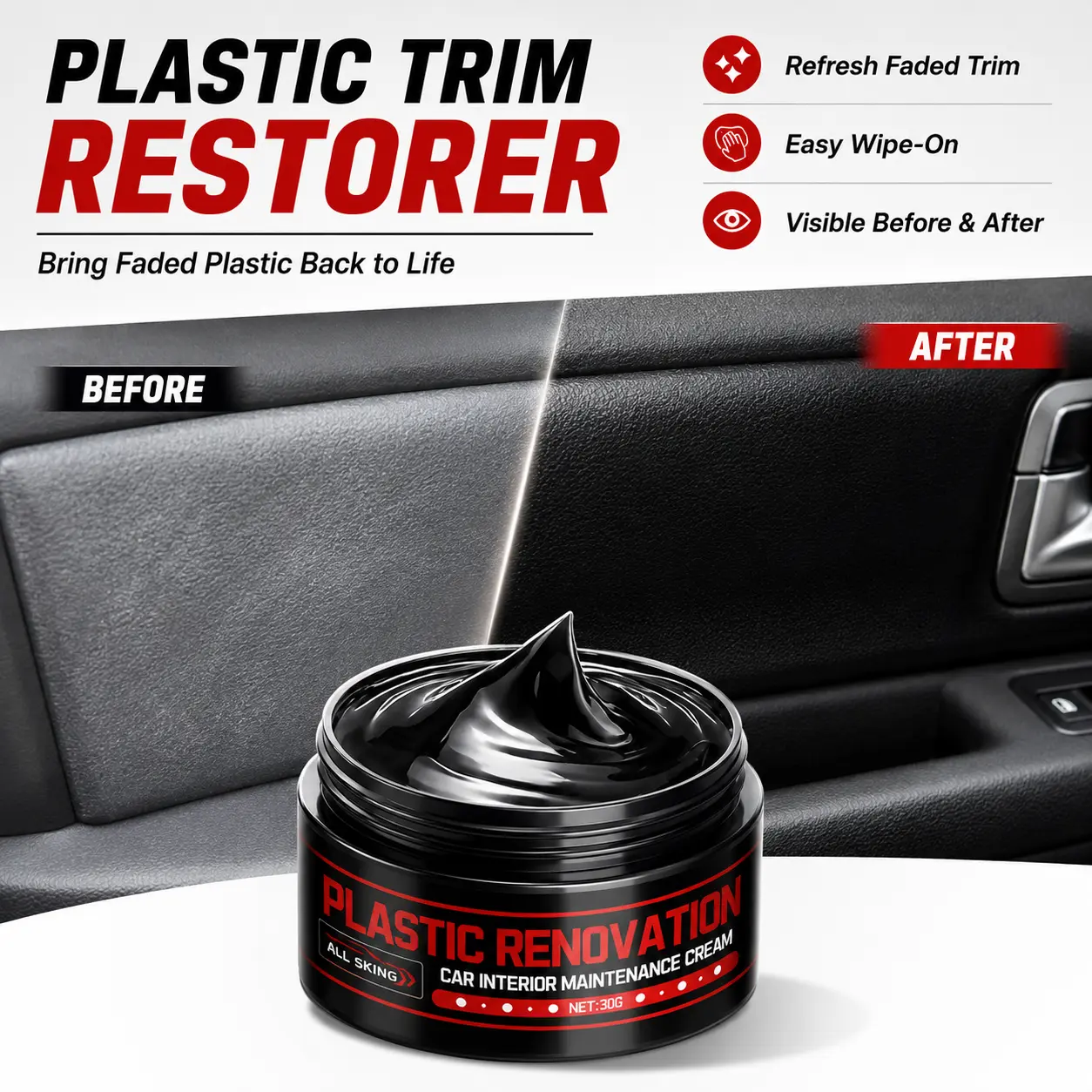 Car Interior Plastic Restorer, Plastic Trim Restorer for Faded Black Trim, Auto Detailing Cream for Dashboard, Door Panels & Interior Plastic, Easy Wipe-On, 30g shopping deals