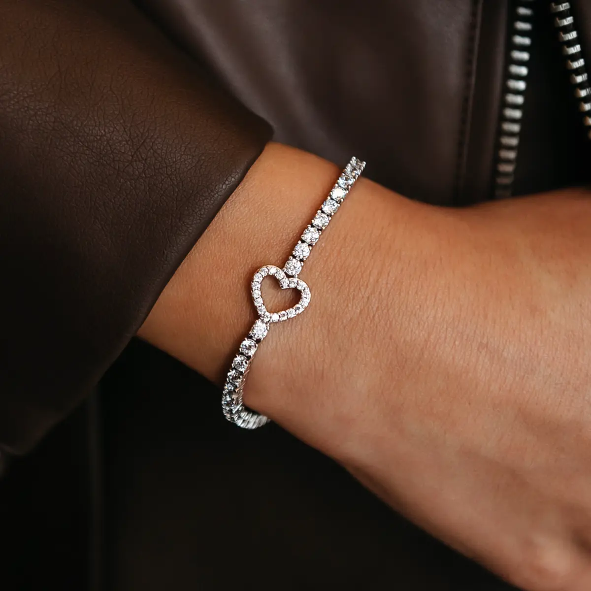 GLD Heart Tennis Bracelet in 14k White Gold - 3mm Width, 6", 7", & 8" Length, Hand-Set Stones, White Gold Plated, Stacking Friendly, Life Guarantee- Perfect Gift