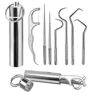 Oceantree Stainless Steel Toothpick Pocket Set, Dental Floss Pick, Reusable Teeth Cleaning Tools Kit with Holder Keychain Design, Travel Essentials (7PCS/Set) Oral Cleanser Oral Care Supplies Oral Hygiene Kit Oral Care Cleaner Oral Care Product Durable