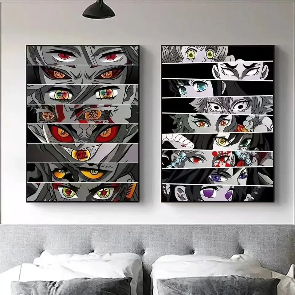 2pcs Cartoon Anime Eyes Demon Slayer Living Room Decorative Painting, Cartoon Eye Print, Unique Artwork, Unframed Canvas Poster for Bedroom, Home Wall Art Decoration, Aesthetic Wall Decor, Wall Decor Pictures, Artwork For Walls, Graphic Eye Print