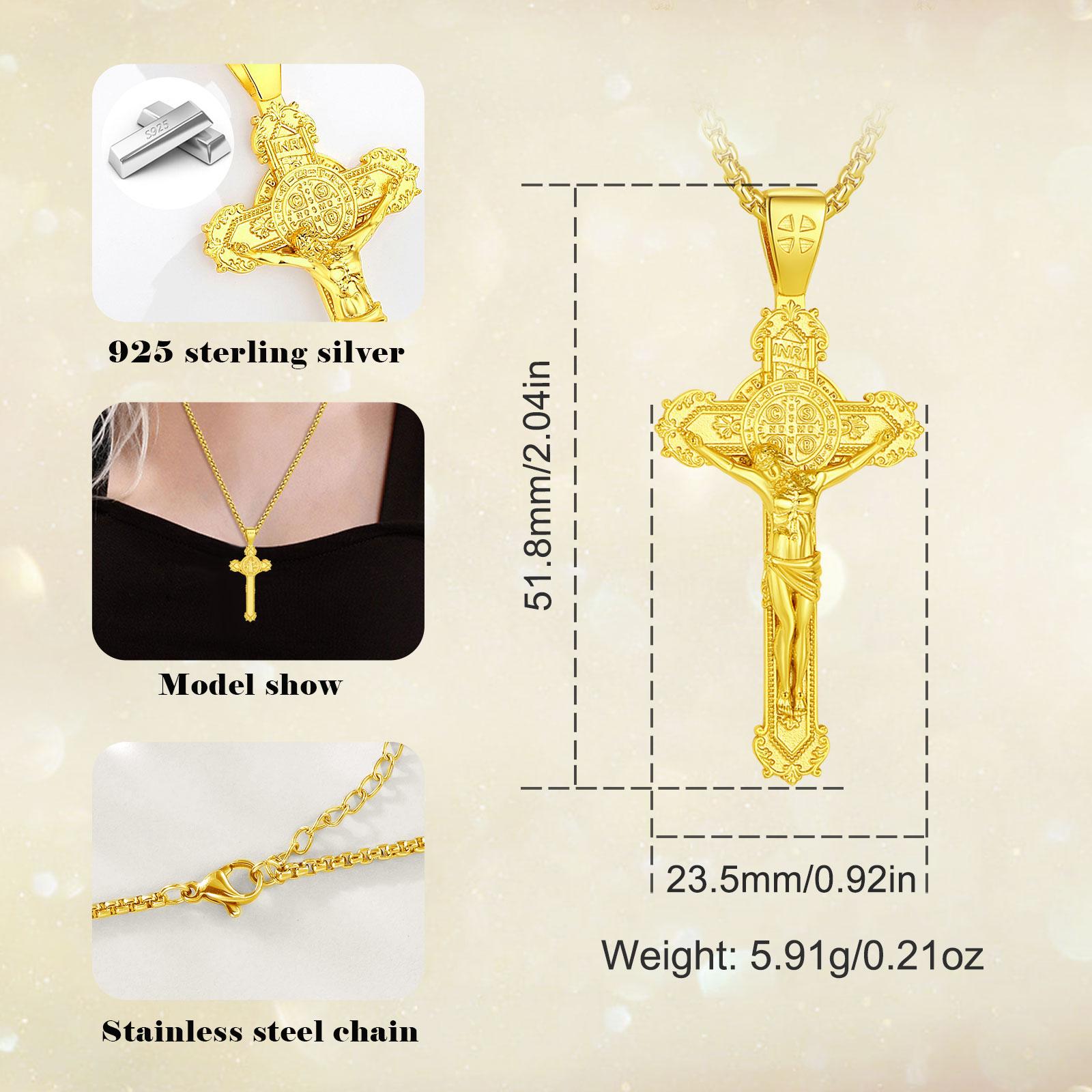 Eudora S925 Sliver St Benedict Pendant Necklace, San Benito Cross Medal for Him, Vintage Saint Benedict Amulet, Catholic Protection Amulet, Christian Jewelry Gift