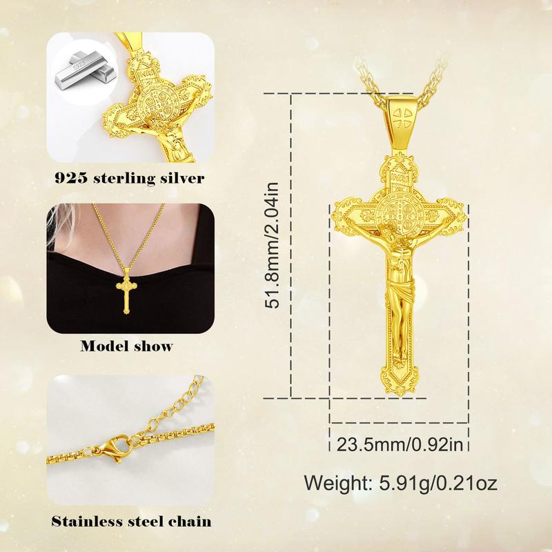 Eudora S925 Sliver St Benedict Pendant Necklace, San Benito Cross Medal for Him, Vintage Saint Benedict Amulet, Catholic Protection Amulet, Christian Jewelry Gift