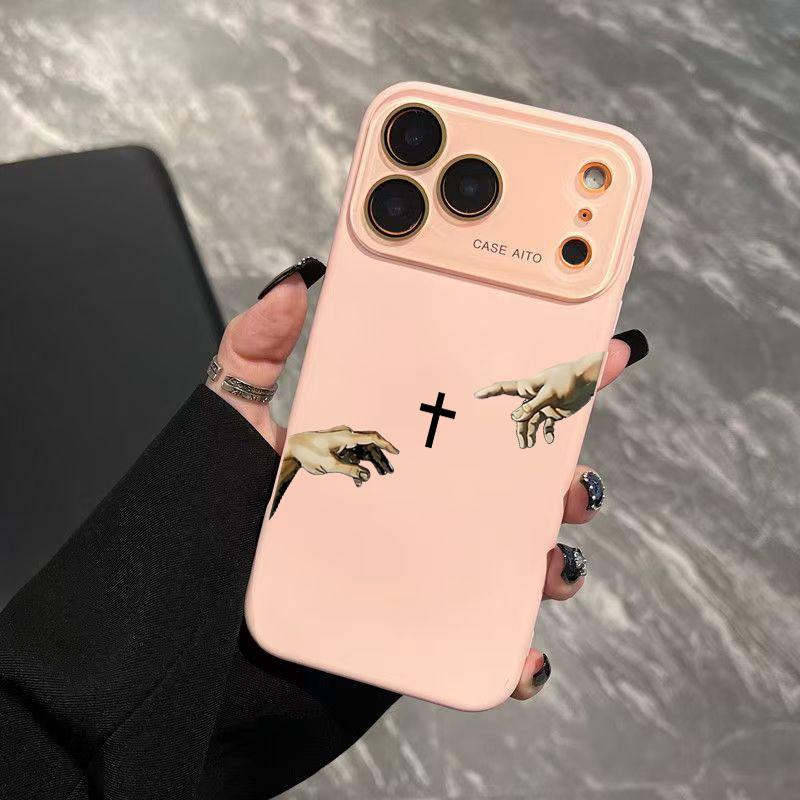 God's Hand and Cross Phone Case, Luxury Dopamine Ins Style Cover for iPhone 17 16 15 14 13 12 Pro Max Plus, Ultra Skin-Friendly TPU, All-Inclusive Glass Lens Protection, Inspirational Christian Gift, Shockproof Aesthetic Faith Case, Lens Window
