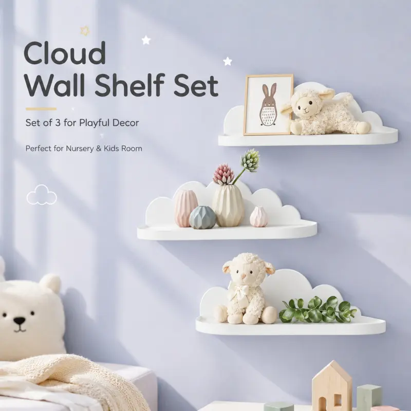Set of 3 Cloud-Shaped Wall Shelves, Cute Floating Storage for Nursery & Kids Room, Decorative Wall Mounted Shelf Set, Decoration Items